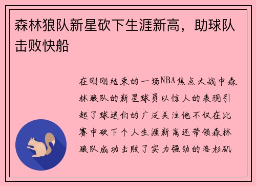 森林狼队新星砍下生涯新高，助球队击败快船
